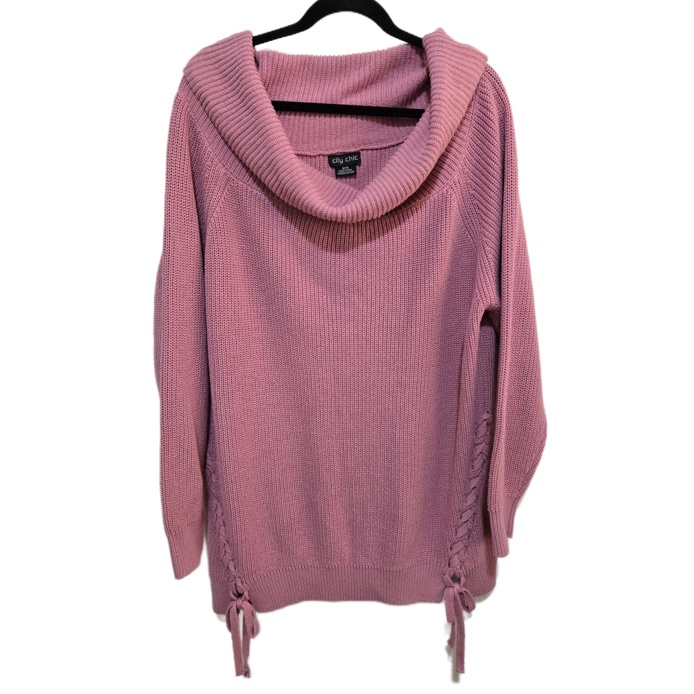 City Chic Pink Cowl Neck Knit Sweater Lace Up Side Plus Size 18